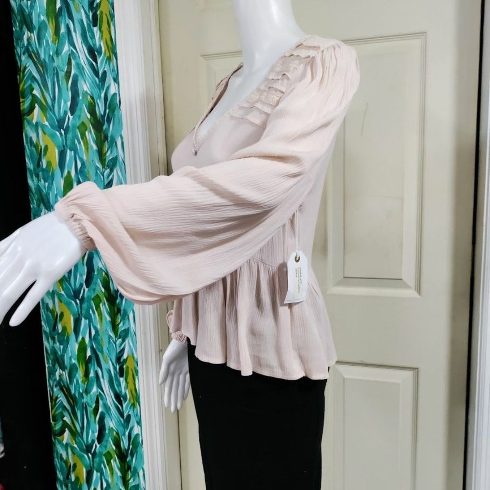 NWT Coco + Jaimeson Gauzy Coquette Whimsy Babydoll Peplum Top Beige Womens Small - Picture 2 of 9